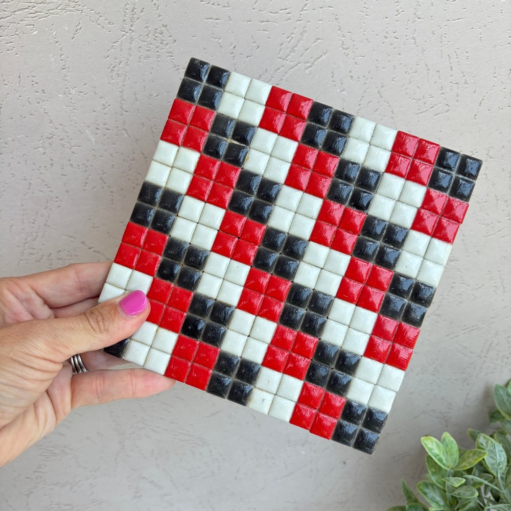 Vintage Mosaic Tile Trivet Red Black White Checkerboard Geometric 6x6 Hot Pad